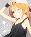 lolibooru 165538 bare_shoulders character_name grey_background hair_between_eyes idolmaster_cinderella_girls looking_at_viewer one_eye_closed simple_backgr