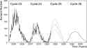 Sunspot-number-observations-and-predictions-smooth-lines