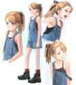 lolibooru 479093 bare_shoulders black_camisole black_footwear blue_overalls closed_eyes flat_chest light_brown_hair nazo_no_anime-dan overall_shorts spaghetti_strap