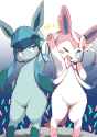 glaceon and sylveon standing and wearing headsets