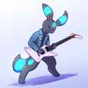 shiny umbreon semi anthro in denim shirt playing guitar