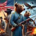 Realistic Bulls in Gray uniforms from 1865. Realistic Bears in Blue uniform from 1865, american. Mus