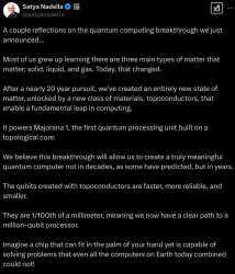 Screenshot 2025-02-21 at 00-09-28 Satya Nadella sur X A couple reflections on the quantum computing breakthrough we just announced... Most of us grew up learning there are three main types of matter that matter solid liquid and gas. Today that ch[...]