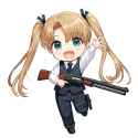 {{{chibi}}}, 1girl, triela, gunslinger girl, waving, vest, pinstripe pants, happ s-4212371683