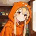 03552-1361530779-1 girl, cowboy shot, smile, side looks, Umaru Doma, (brown eyes, long hair, yellow hair), white shirt, (orange hood_1.2), room,