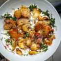 Crispy Smashed Potatoes with Chive Sour Cream Dip, Herbs &amp; Sumac