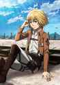 Armin sitting effeminiately upon one of the walls of Paradis, enjoying the day and ignoring the inhuman menace below