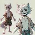 DALL·E 2024-12-18 22.11.44 - A 9-year-old werewolf boy depicted in a stylized, semi-anime style, with a focus on soft but expressive details. He has white fluffy hair, wolf ears, 