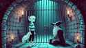 DALL·E 2024-12-09 20.15.18 - A dramatic scene depicting the first meeting between a young werewolf boy, Haku, and a wizard, Matt, inside a dark prison cell. Haku stands outside th