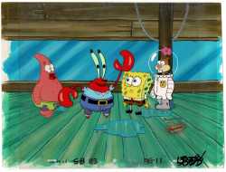 spongebobsquarepantsmrkrabspatrickandsandycheeksproductionanimationcelsetupandbackgroundobgnickelodeon1999chaperoneepisodefcb