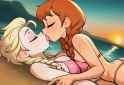 2girls, on beach, upper body, sand, dutch angle, beach, blue water, sunset, sun s-1319476812