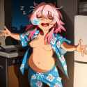 artist_khyle, 1girl, march 7th (honkai_ star rail), standing, kitchen, refrigera s-2694829089