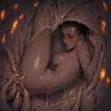 {{{realistic}}}, cave, glowing orange growths on walls, flesh prison, wet, slime s-3730234337