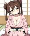 brown hair amber eyes curtain bangs double buns