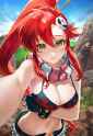 1girl, yoko littner, from above, pov, cleavage, reaching towards viewer, arm up, s-3027494493