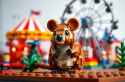 FLUX-0015X-lego, plastic, Australian brown color palette small adorable quokka built with Lego bricks carnival fair playset, ferris wheel in the background