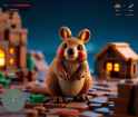 FLUX-00158-Australian brown color palette fat cheeks small adorable quokka videogame in-game screenshotX5 Lego bricks playset, videogame HUD, minimap