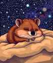 FLUX-00159-Pixel art style pixels pixel art, Australian brown fur fat cheeks small adorable quokka sleeping on comfy bed closed eyes laying down, galaxy background