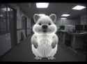 FLUX-00238-found footage, 2002 webcam video abandoned facility office interior, glowing negative colored Australian negative glowing white, monochrome fur fat cheeks small glitchy static adorable quokka mascot costume