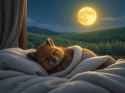 FLUX-00239-Australian brown fur fat cheeks small adorable quokka sleeping on comfy bed closed eyes laying down wrapped up in comfy blankets, large window shows large grassy hill and full moon in the background, at night