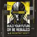 DALL·E 2025-01-05 23.55.24 - A cyberpunk-styled dystopian poster featuring a futuristic helmeted character with wires and cybernetic implants, in a minimalist black, yellow, and w