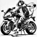 DALL·E 2025-01-06 00.15.47 - A stylish black and white anime-inspired illustration featuring a confident young woman sitting on a futuristic motorcycle. She wears a flowing scarf 