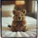 FLUX-00249-Australian brown fur fat cheeks small adorable quokka plushie on hotel bed, film grain, overexposed, degraded, polaroid picture.PNG