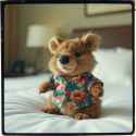 Australian brown fur fat cheeks small adorable quokka plushie wearing Hawaiian shirt on hotel bed, film grain, overexposed, degraded, polaroid picture