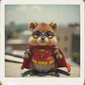 FLUX-00251-Australian brown fur fat cheeks small adorable quokka plushie wearing super hero costume on top of rooftop, film grain, overexposed, degraded, polaroid picture.PNG