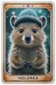 A textured Legendary hologram trading card with an image of adorable quokka wearing winter hat, waving paw at viewer