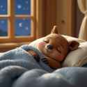 FLUX-00288-clay sculpture stop motion animation, adorable Australian fat cheeks quokka sleeping on comfy bed closed eyes laying down wrapped up in comfy blankets indoors large window showing starry night sky.PNG