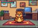 FLUX-00289-pc-98 ingame screenshot rpg, pixellated, grainy, dithering, simple colors, simple background Australian fat cheeks small adorable quokka advancing office space with colorful rug, pixel art HP bar and hi-score.PNG