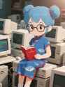 jimeng-2025-05-01-983-cute, adorable, sweeet, ghibli style, holding Mao&#039;s redbook 毛主席语录, glasses, b...