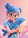jimeng-2025-05-16-884-hugging, a whale stuffed animal, looking at the viewer, A Chinese woman with b...