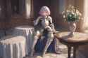 00002-3703990668-A young female knight in detailed silver and white armor with gold trim, sitting in an ornate vintage room, short pale lavender
