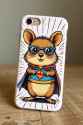 phone case featuring illustration in the style of comic book expressive and colorful panel displaying [Australian brown color scheme round cheeks long tail small adorable quokka wearing superhero costume]