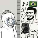 Create an image of a brainlet wojak crying and being bothered by the gigachad in the apartment next door blasting Brazilian music
