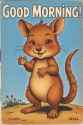 FLUX-00409-Title reads %22Good Morning%22,vintage comic book cover, Australian brown color scheme round cheeks long tail small adorable quokka character, waving paw at viewer, golden age of animation,1950s pulp art style