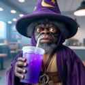 hyper realistic  photo of a black midget dressed like a wizard with robe and wizard hat holding a pu 3