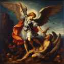 the angel Michael with a sword killing the devil, van eyck