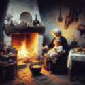 woman and child eating stew in a rustic kitchen with a fireplace in a dark night, impressionist