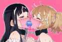 2girls, shared clothing, pink 2__shared see-through face mask__, kissing, portra s-2382872137