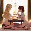 1boy, 2girls, nsfw, from side, profile, tea party, square table, indoors_artist_ s-136636245