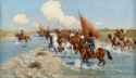 Franz Roubaud (1856-1928) Circassian horsemen crossing a river - Oil on Canvas