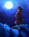 Very pretty full blooded human girl walking with a possibly real and not fake moon in the background