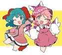 Touhou kyouko and mystia chibis pose together smiles winks