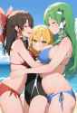 3girls, hakurei reimu, kirisame marisa, kochiya sanae, beach, hug, from side, he s-2485175807_upscale