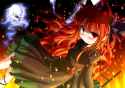 Konachan.com - 82658 animal_ears catgirl fang fire inyu kaenbyou_rin long_hair pointed_ears red_eyes red_hair skull touhou