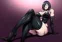 mature female, aged up, hair over one eye, black leather clothes, elbow gloves, s-2849827876