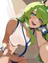 1girl, solo, kochiya sanae, upper body, [masoq], girl on top, pov, pov hands, {{ s-271432063